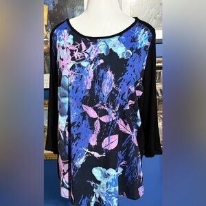 Apt. 9 Black Long Sleeve Top with Blue & Pink Floral Abstract Print